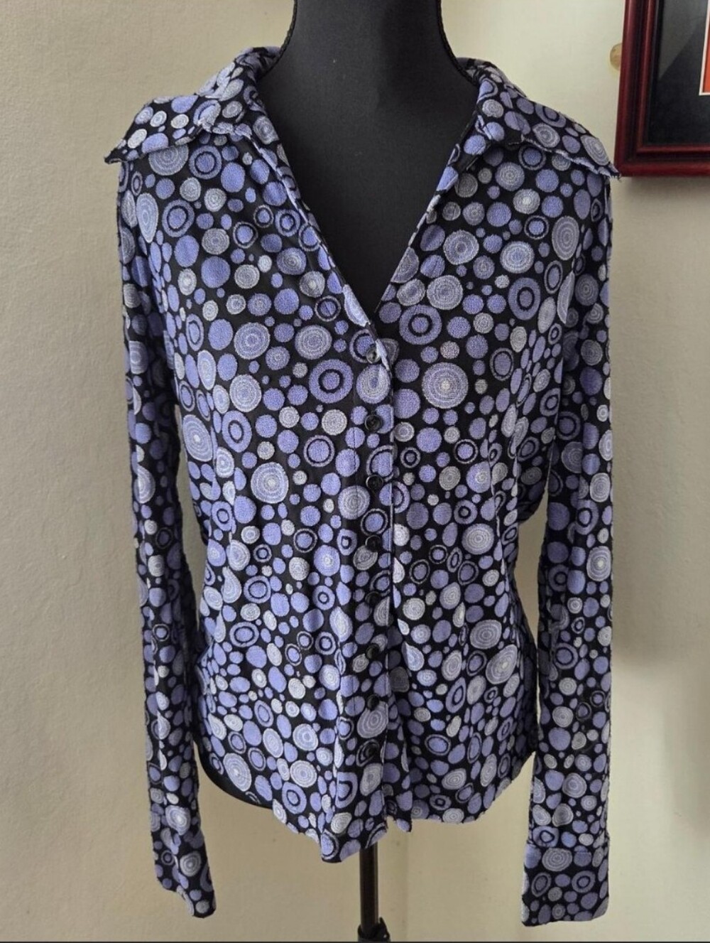 Purple & black button-up blouse with Circle-Print Button Front Top Y2K Size Lrg
